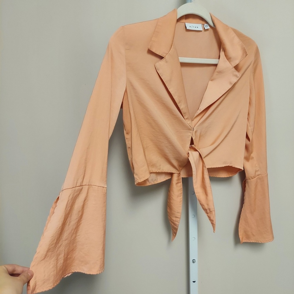 k/lab Satin‎ Cropped Tie Front Bell Sleeve Blouse Top XS Coquette Balletcore